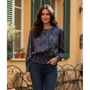 Lindsey Blake Paisley Blouse Long Sleeve Smocked Waist Ruffle Cuff Women's 18